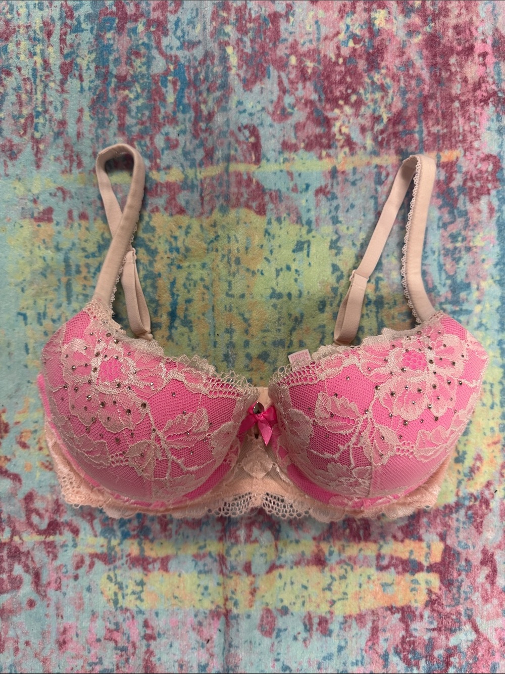 Victoria's Secret Pink Lace Underwire Bra with Beige Accents